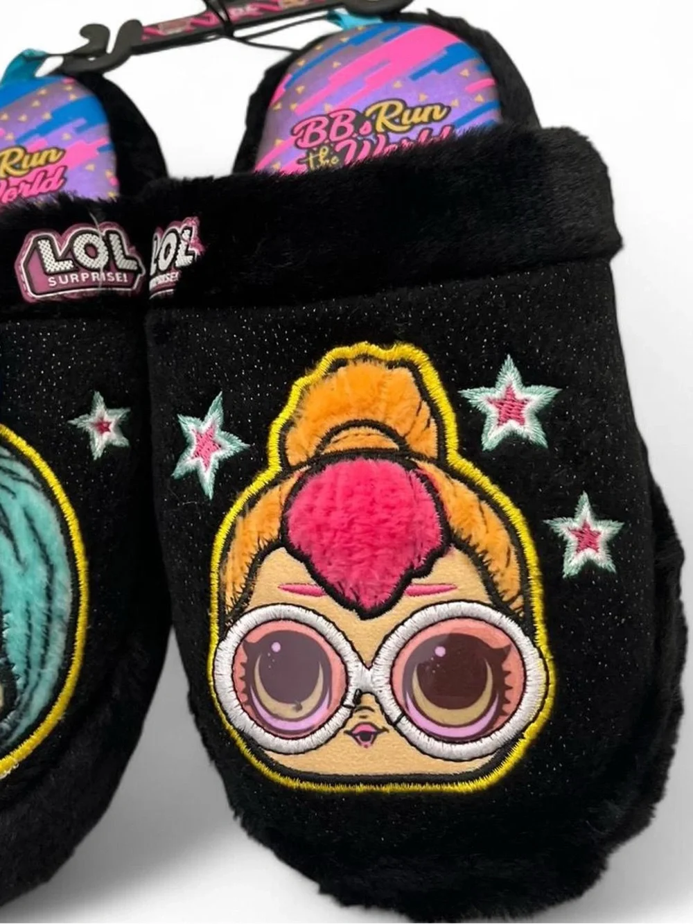13C 1Y Girls Slippers L.O.L Surprise Black Multicolor 3D Bow Sparkly Cozy NWT